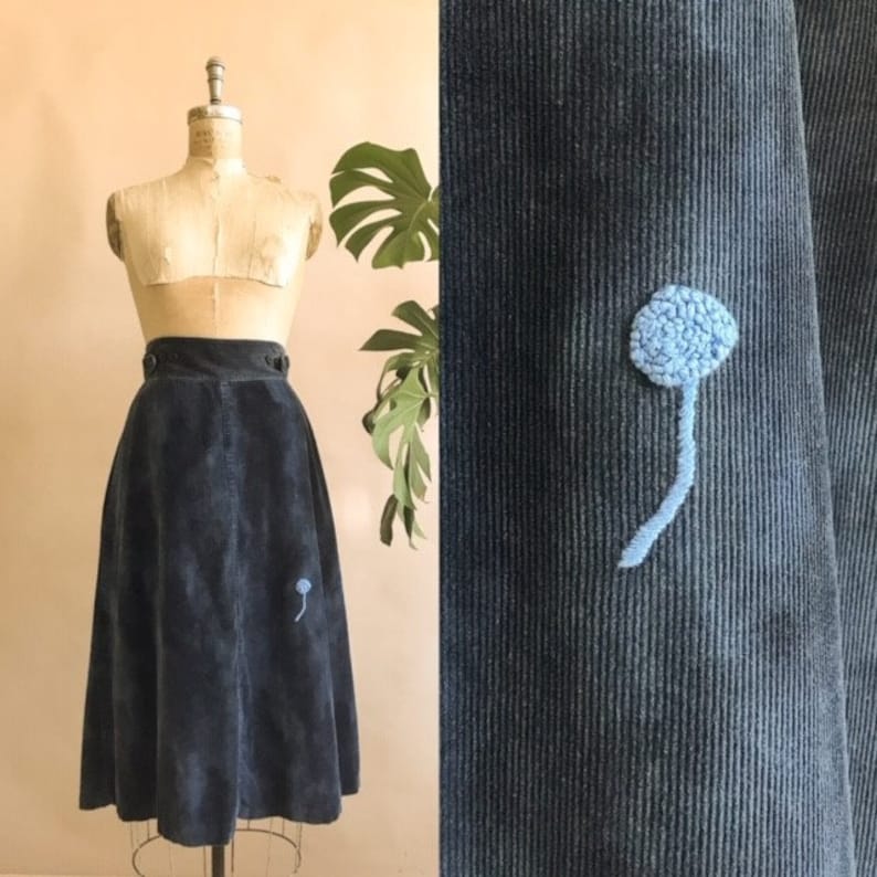Embroidered Mushroom Vintage 1970s Blue Corduroy Embroidered Wrap Skirt Size XSmall-Small 25-27 Waist 70s Cord Skirt 70s Wrap Skirt