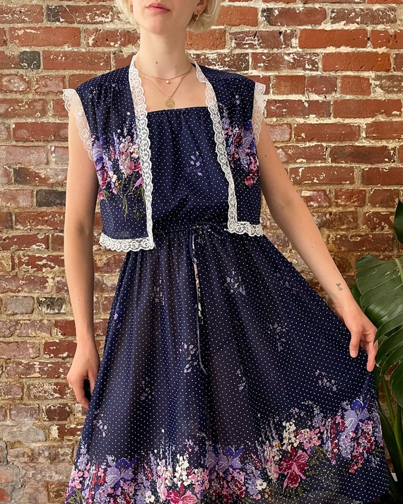 Vintage 1970s Navy Blue Polka Dot Floral Dress Set - … - Gem