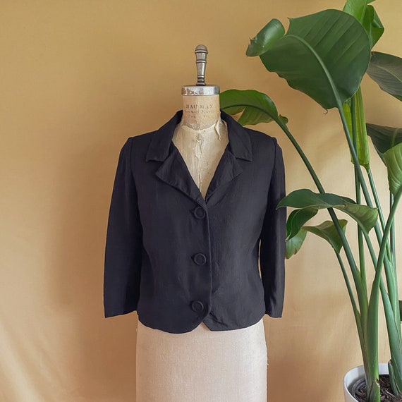 Vintage 1940s 1950s Black Textured Rayon Button Up