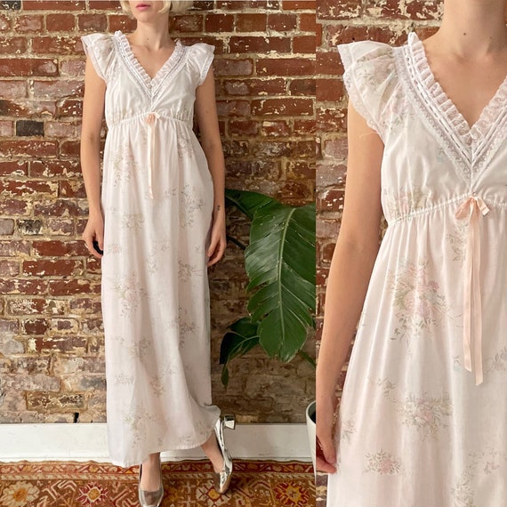 Vintage 1970s White Cotton Floral Night Gown - 70s White