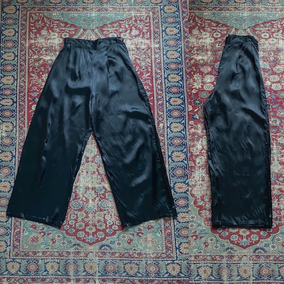 Vintage 1940s Black Satin Pajama Pants - 40s Satin