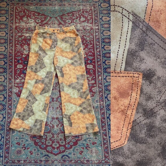 Vintage 1960s Faux Patchwork Print Bell Bottoms -