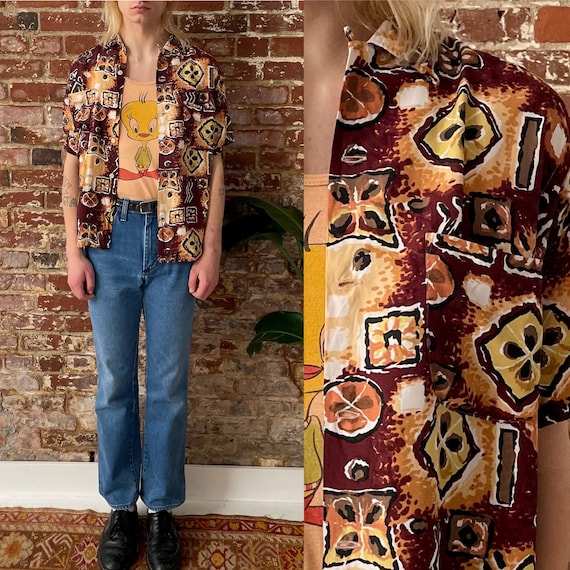 Vintage 1950s Rayon Hawaiian Shirt - 50s Brown Yellow Hand