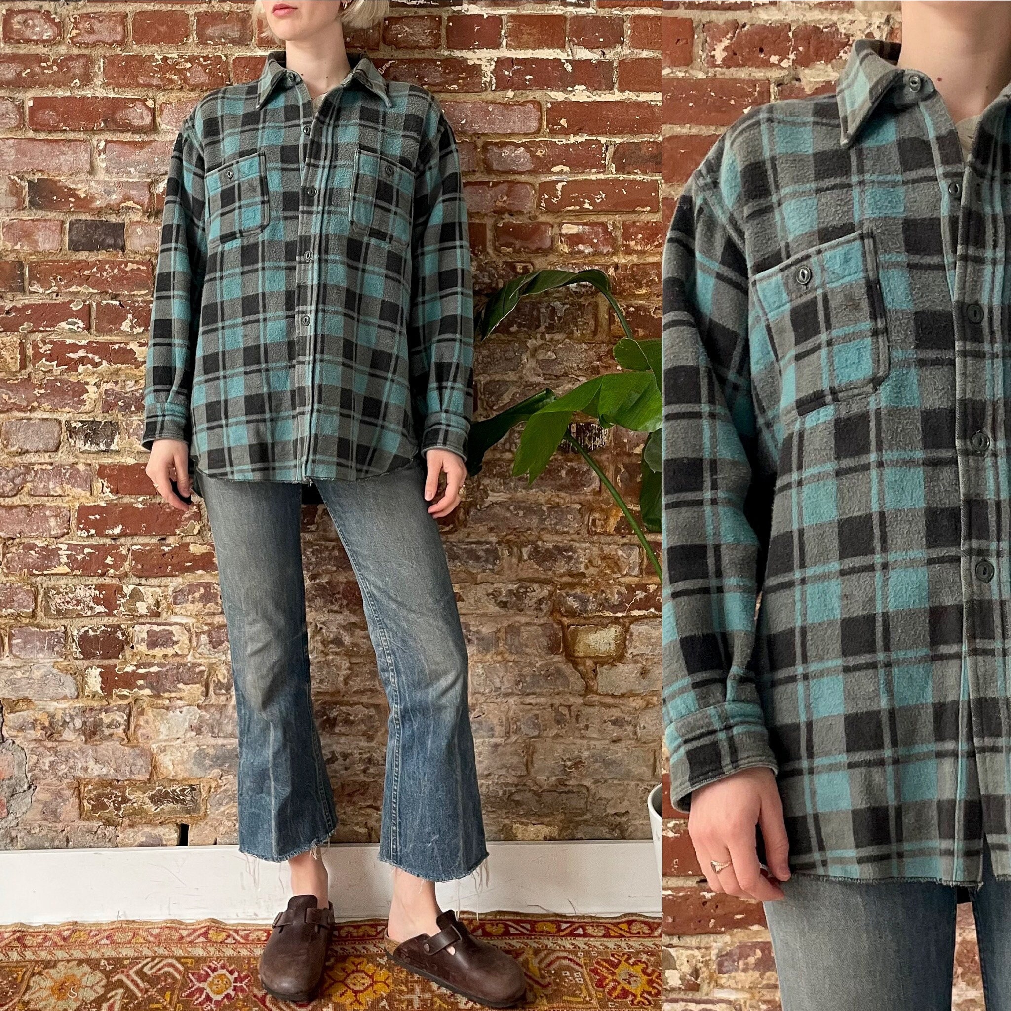Vintage 1970s Blue Grey Champion Plaid Flannel Jacket - 70s