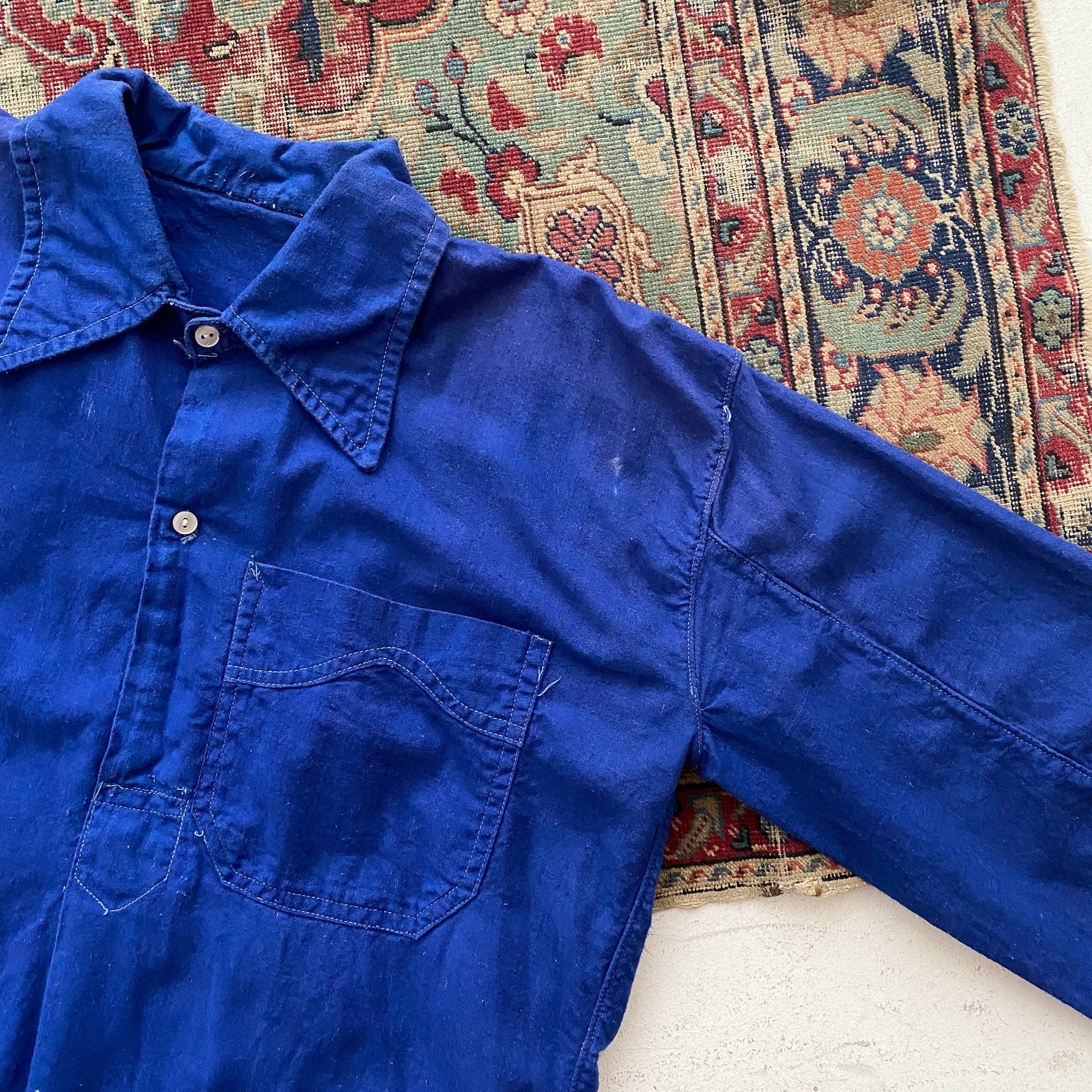 Vintage 1930s French Blue Cotton Pullover Work Shirt Smock - Men's