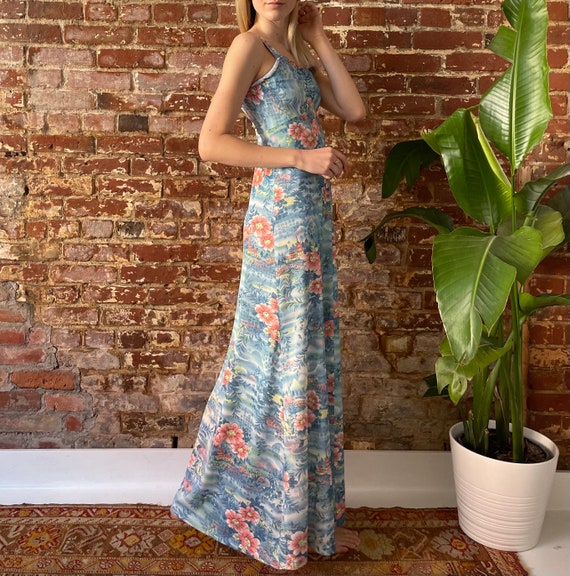 Vintage 1970s Blue Floral Hawaiian Tank Maxi Dres… - image 2