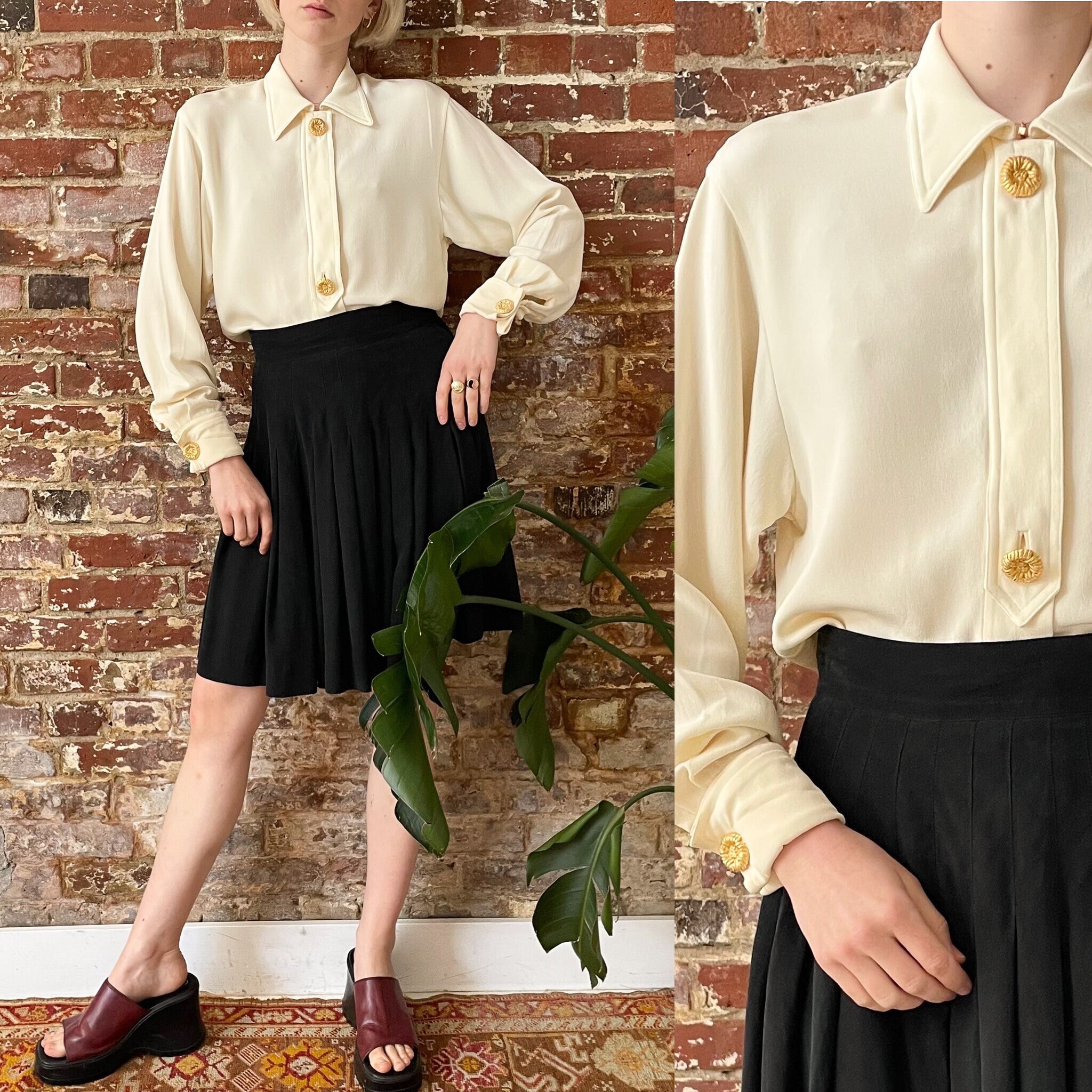 Vintage 1990s Anne Klein Cream Silk French Cuff Blouse - Small 