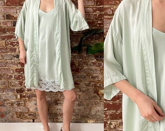 Vintage 1990s Sea Foam Green Charmeuse Silk Slip & Robe Set - 90s Silk Lace Trim Mini Slip Dress Short Robe Set - Bias Cut Silk Slip - M/L