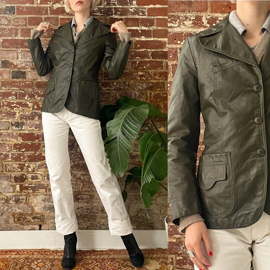 Vintage 70s Olive Leather Jacket Olive Leather Zip up