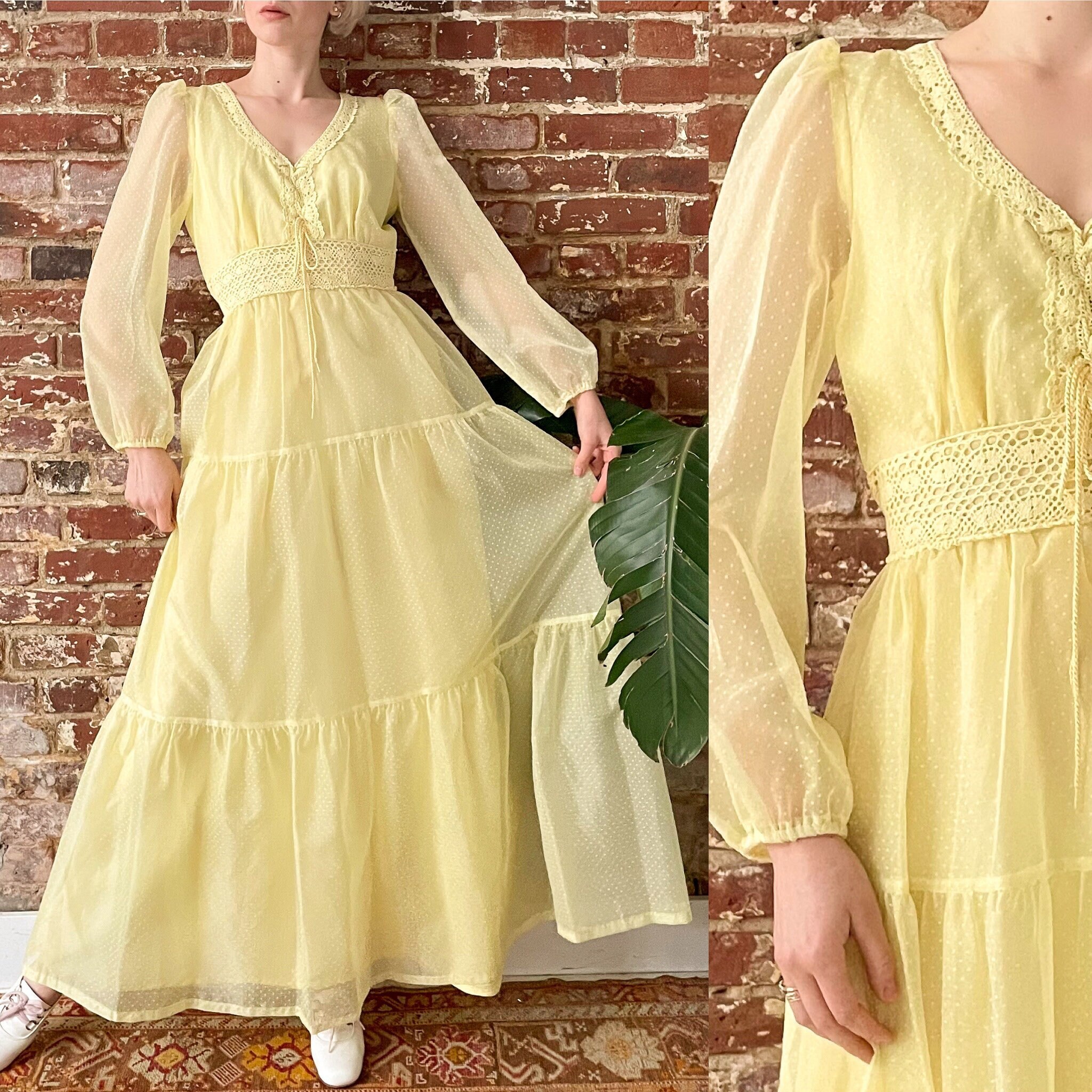 Vintage 1970s Pussy Cat Carla Jane Yellow Swiss Dot Prairie