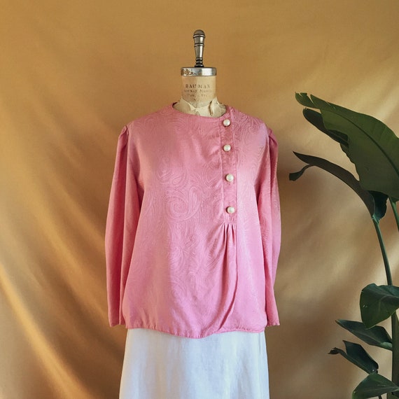 Vintage 1980s Dusty Rose Paisley Print Pearl Butto