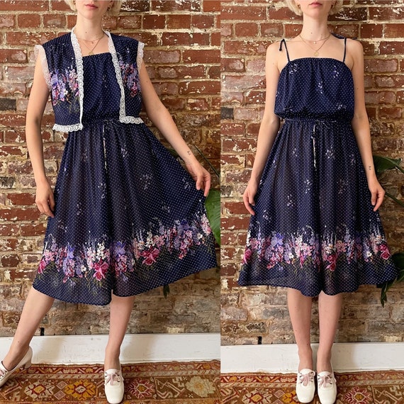 VINTAGE 60s 70s NAVY BLUE WHITE POLKA DOT OP ART DRESS 12 main image 1