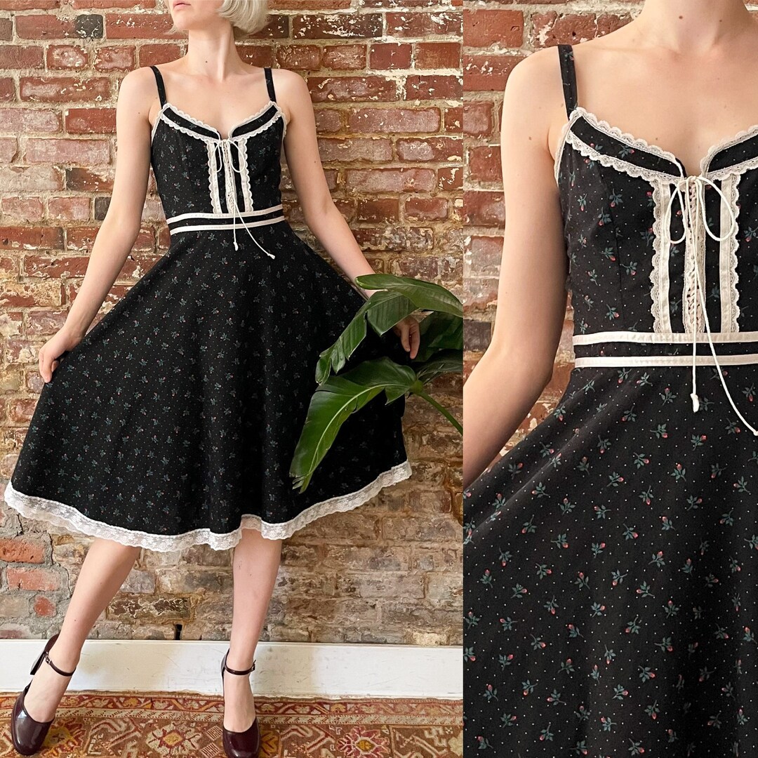 Vintage 1970s Gunne Sax Polka Dot Rose Print Prairie Tank Dress With ...