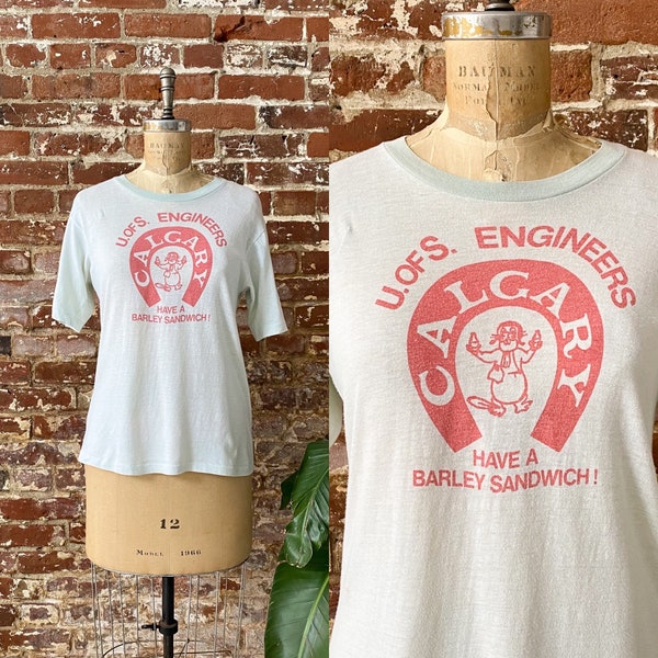 Vintage 1970s U. OF S. Engineers Calgary Mint Green  T-Shirt - Paper Thin Single Stitch 50/50 - Men's Small Women's Medium