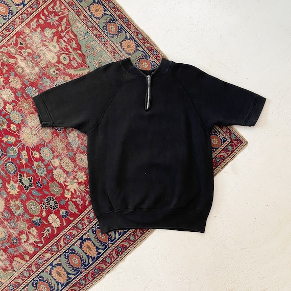Vintage 1950s/1960s Black Short Sleeve Quarter Zip Cotton Vintage 1950s/1960s Black Short Sleeve Quarter Zip Cotton