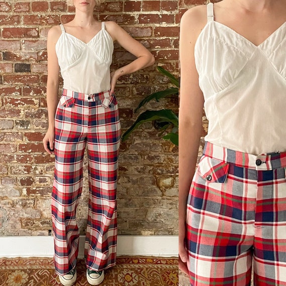 Vintage 1970s Red & Navy Plaid Bell Bottoms - 70s Checkered Wide