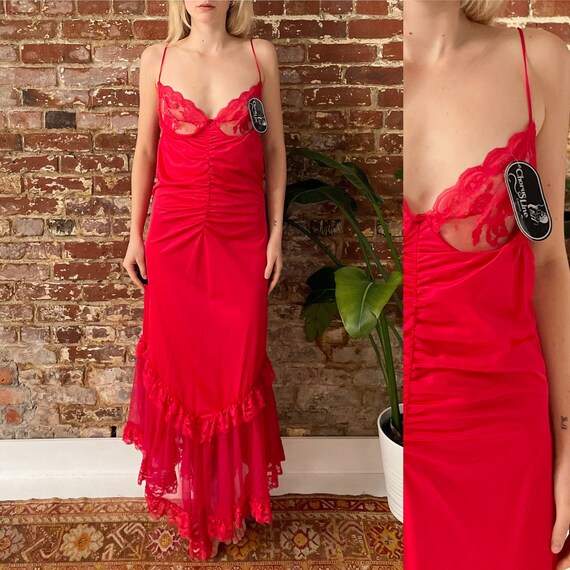 Vintage 80s NWT Red Ruched Lace Maxi 