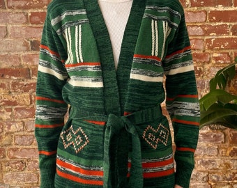 Vintage 70s Green and Orange Space Dyed Striped Tie Up Cardigan Sweater - Small