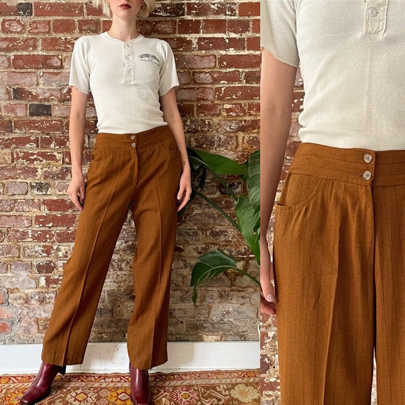 Vintage 1970s Brown & Black Pinstripe Trousers - … - image 1