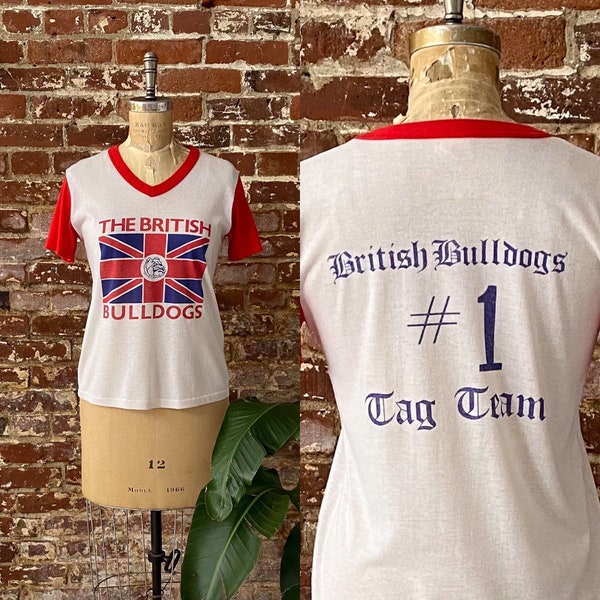 Vintage 1980s British Bulldogs #1 Tag Team WWF Tee - Men's Small Short Fit