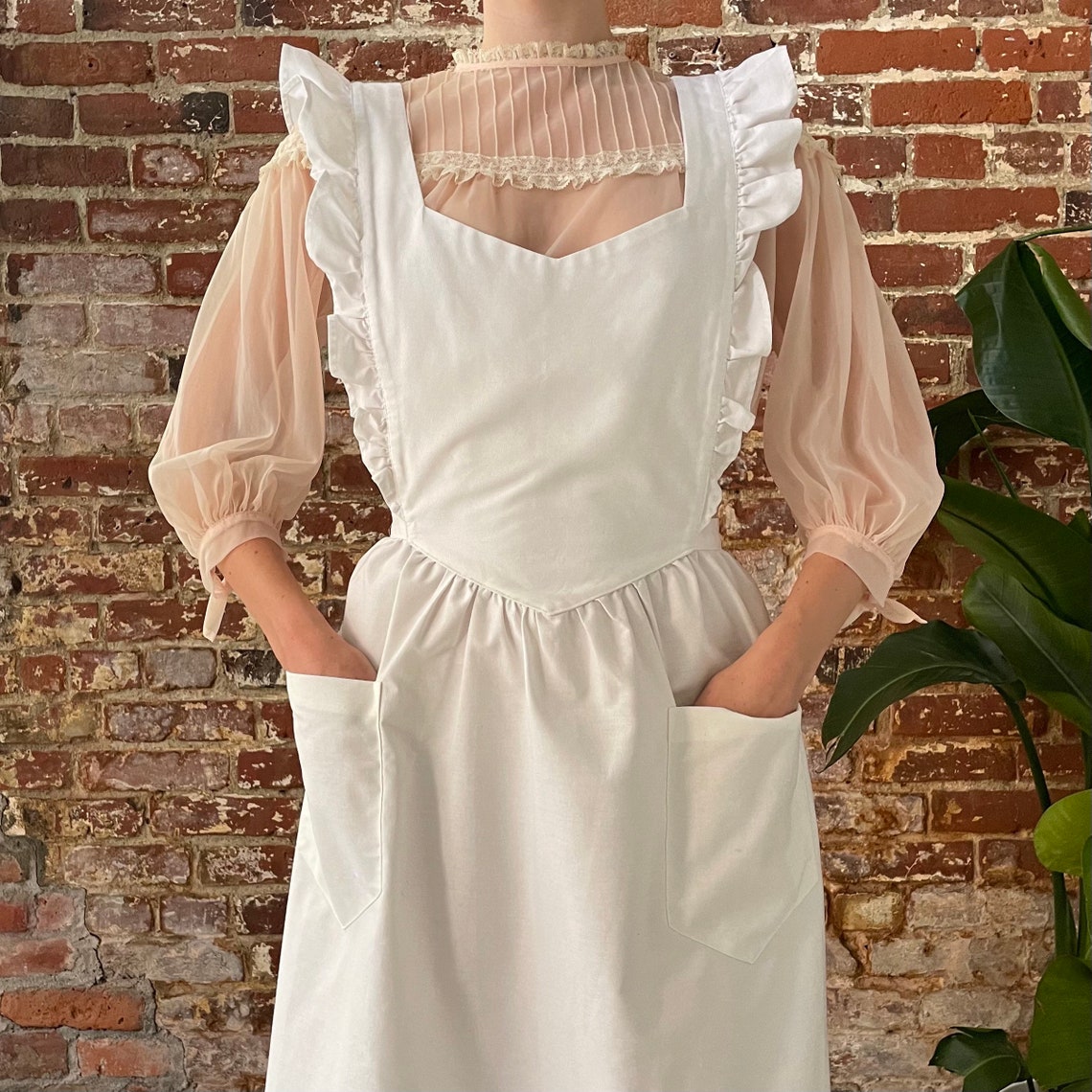 Vintage White Ruffle Apron Midi Dress Vintage White Cotton Etsy