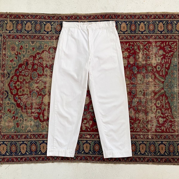 Chinos de algodón blanco vintage de la década de 1960 - Mosca con cremallera relámpago de metal - Botones Supender - Corte de hombre 32 cintura