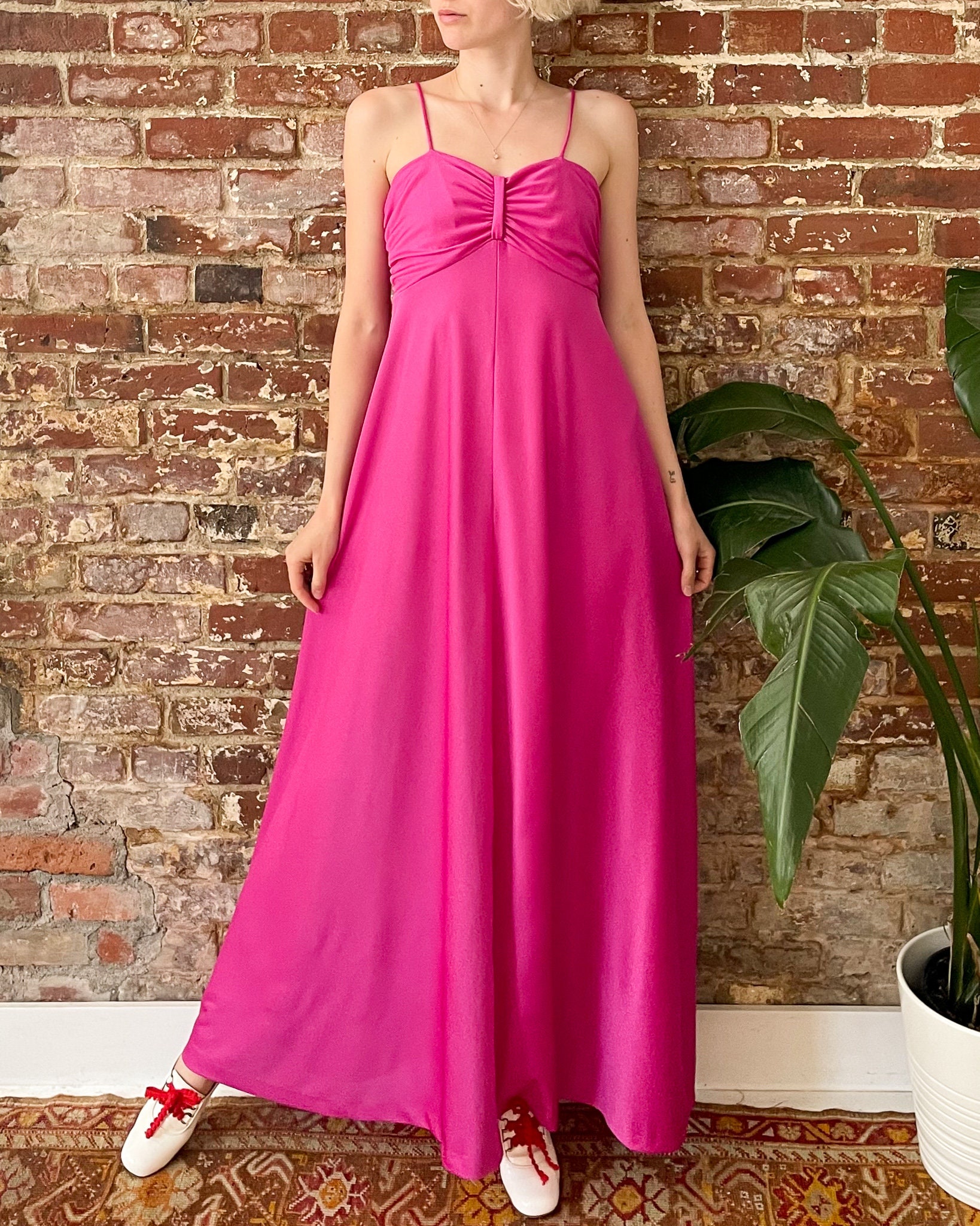Vintage 1970s Fuchsia Strappy Disco Maxi Dress - 70s Fuchsia