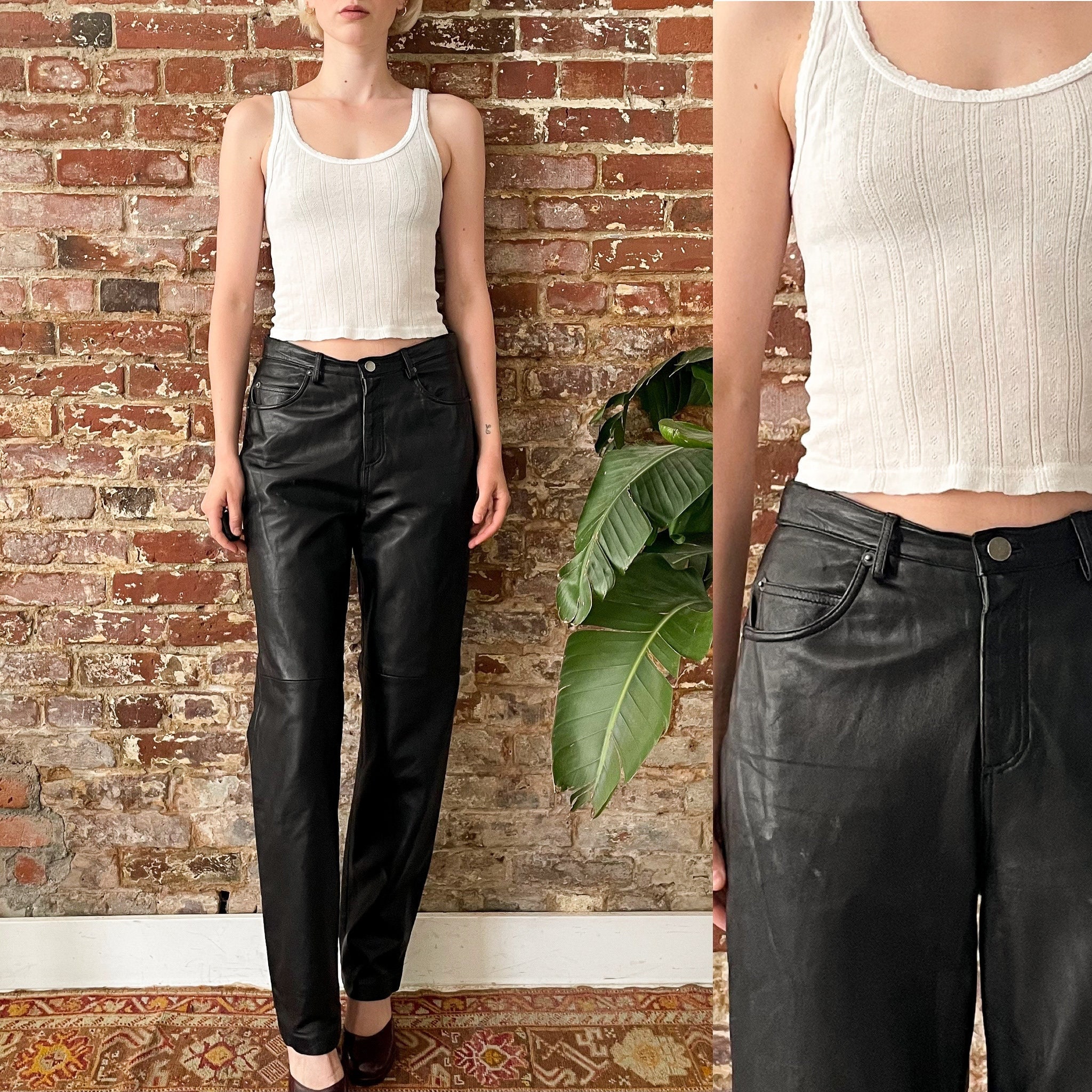 Vintage 1990s Buttery Soft Black Leather Jeans - 90s Mid-High Rise Straight Leg Leather Pants - Lined - Sized 5/6 28W