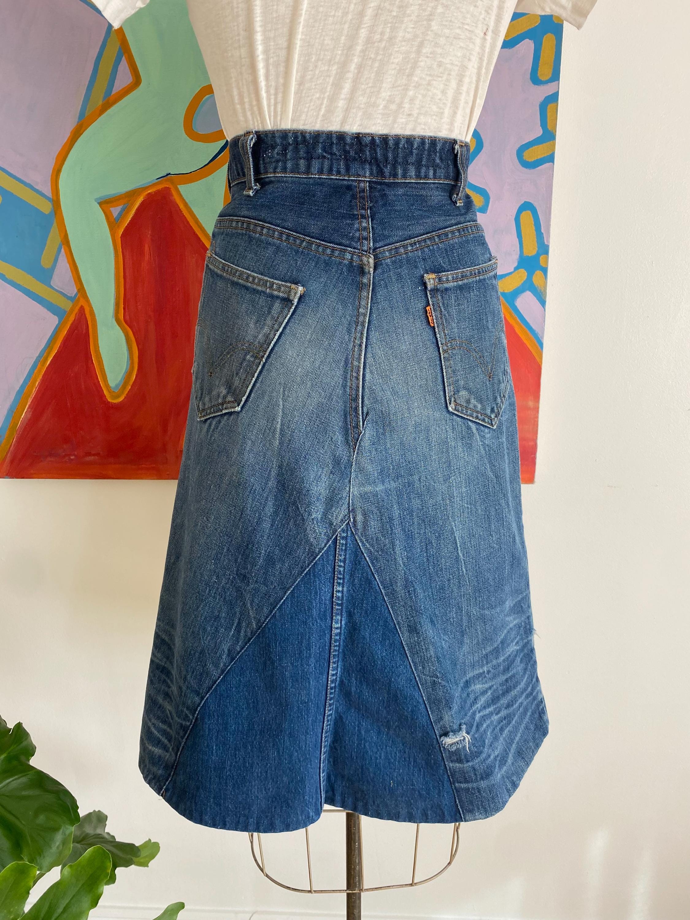 Vintage 70s Levis Orange Tab Patchwork Denim Skirt - Small Medium