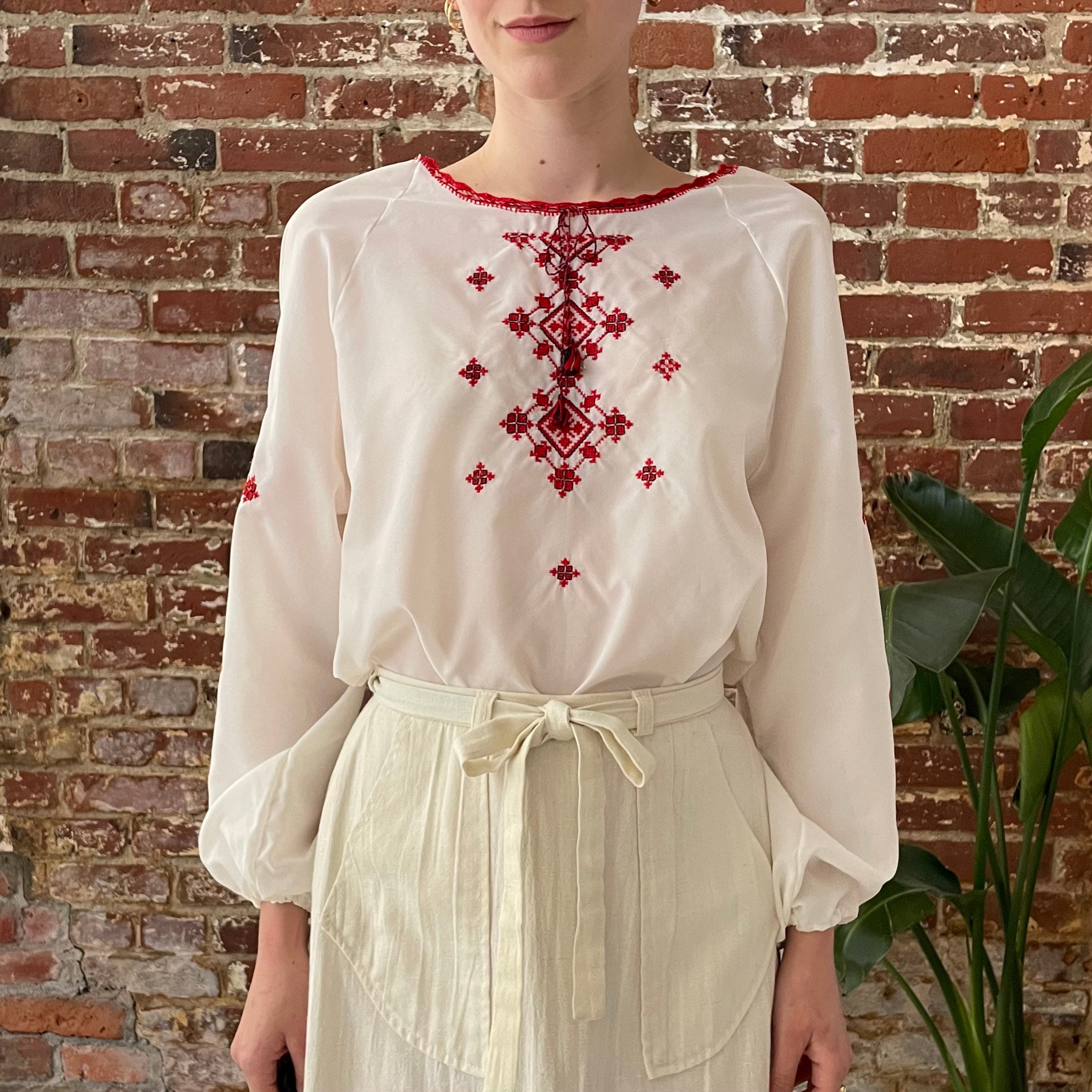 Vintage 1970s Embroidered Peasant Blouse 70s White Red Etsy Canada