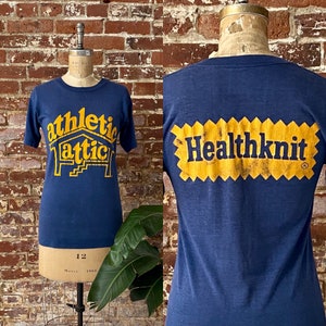 Vintage 1970s Athletic Attic Healthknit T-Shirt - 70s Healthknit Athletic Attic Blue Worn Thin Tee - Single Stitch - Men's Small