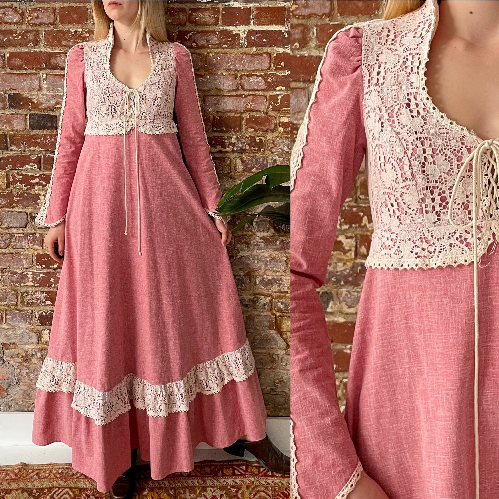 Vintage 1969 Gunne Sax Black Label Pink & Cream Lace Renaissance Dress ...
