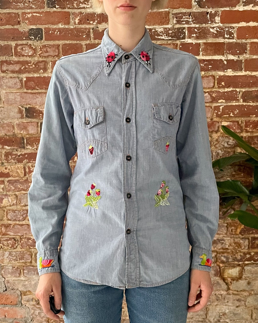 Vintage 70s Embroidered Strawberries Ladybugs Floral Bird Chambray