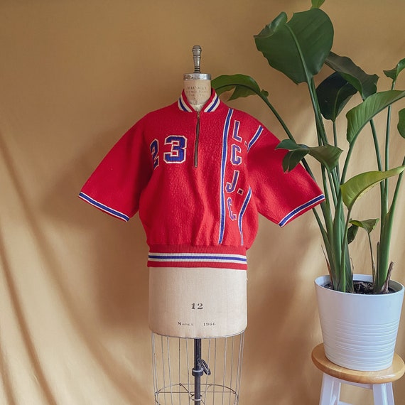 Vintage 1950s Red Fleece Letterman Quarter Zip Swe