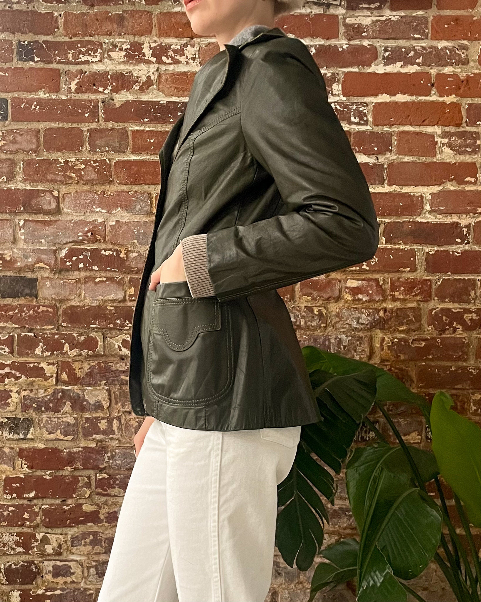 ジャケット・アウター 70s Leather Jacket Green Mens 70's Green Vintage Classic Collared Blazer Real Cowhide