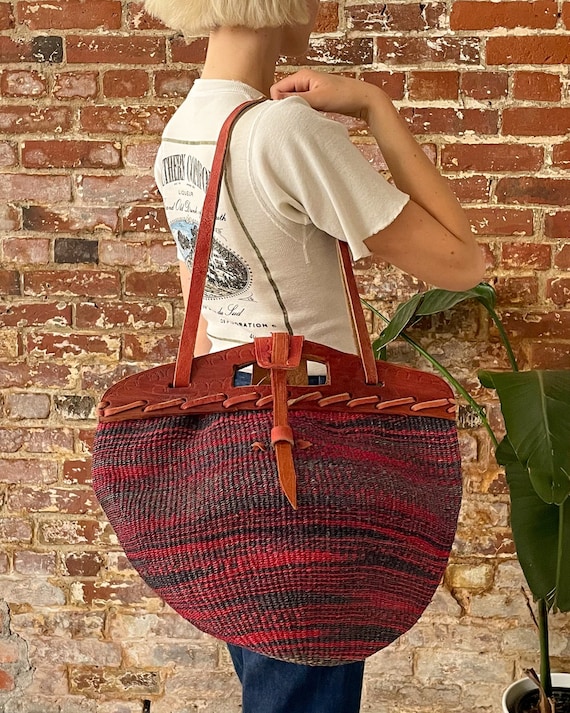 Vintage 1970s 1980s Red Black Abstract Print Sisal Market Bag 