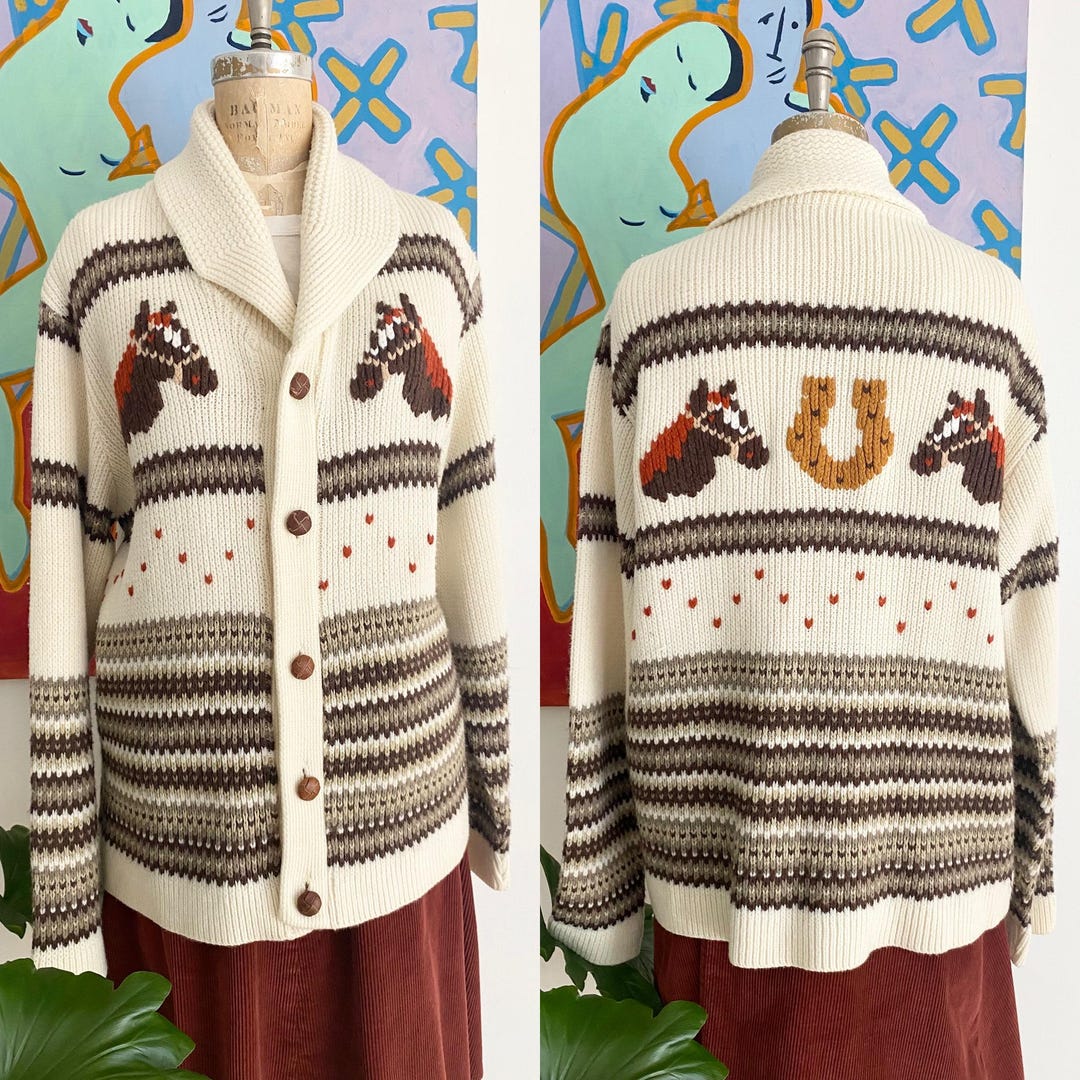 Vintage Rare 70s Caldwell Horse Novelty Print Shawl Collar Button