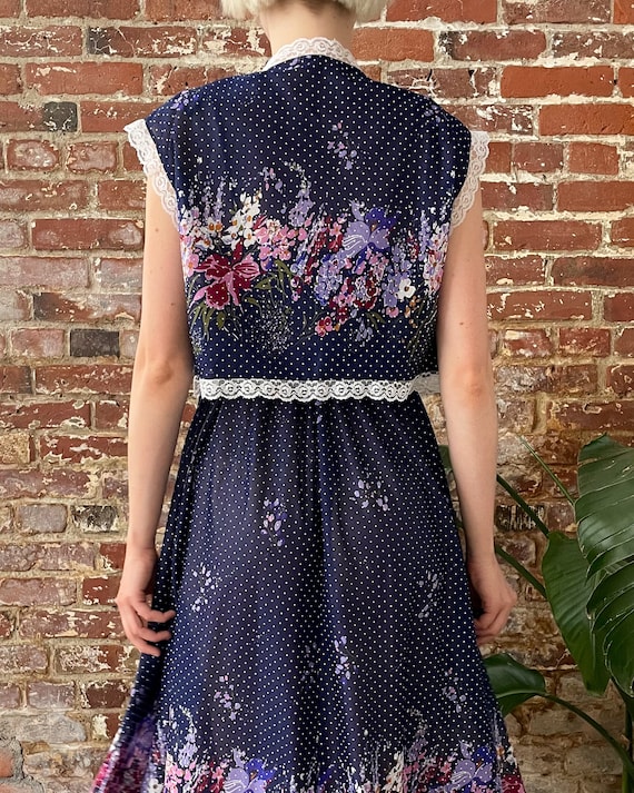 Vintage 1970s Navy Blue Polka Dot Floral Dress Set - … - Gem
