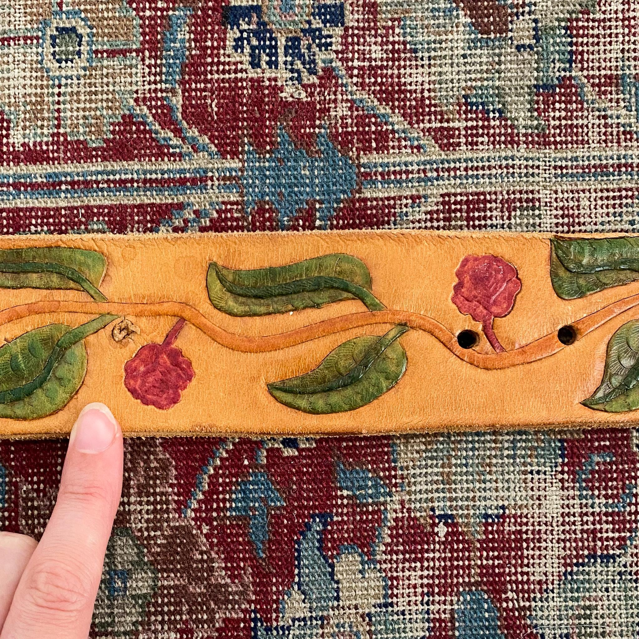 Vintage Hand Tooled Leather Rose Floral Belt Tan Brown Boho Western 44 Inch Rose Buckle Tooled Leather Belt main image 2
