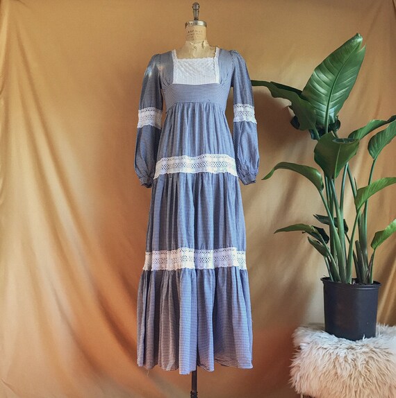 Vintage 1970s Gunne Sax Blue White Gingham Maxi Dr