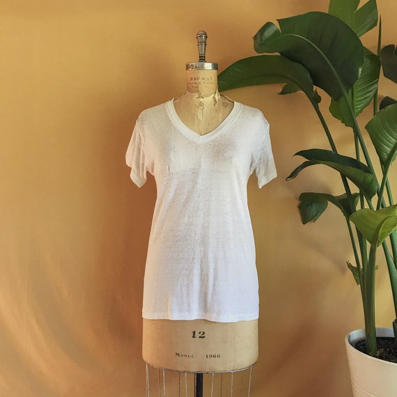 Vintage 1990s White Paper Thin Threadbare V-Neck T