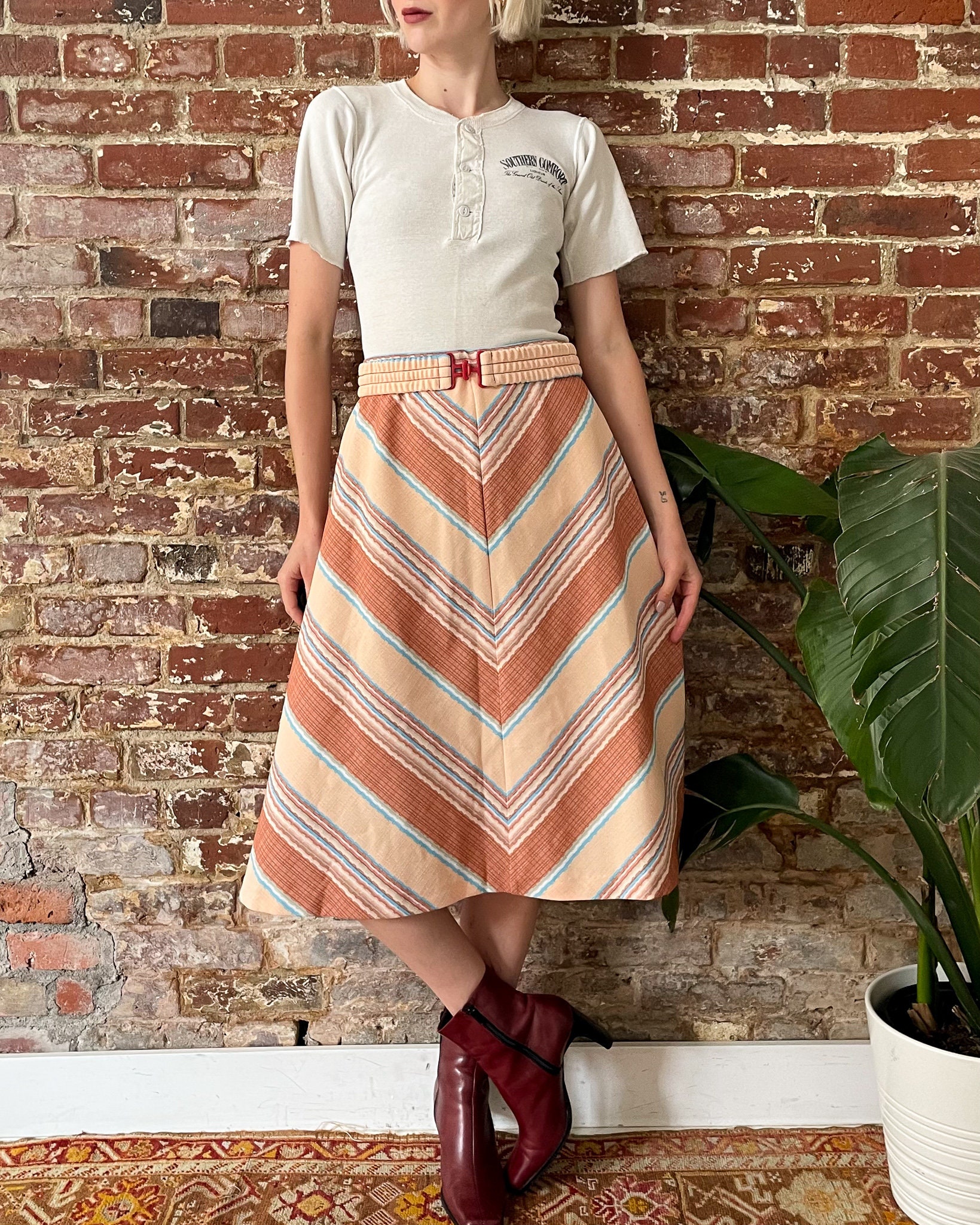 Vintage 1970s Chevron A Line Skirt 70s Chevron Stripe Skirt with Matching Belt 30 Waist