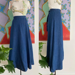Vintage 1970s Dark Wash Denim A-Line Long Wrap Skirt - 70s Adjustable Denim Wrap Maxi Skirt - S-M -26&quot;- 29&quot; Waist