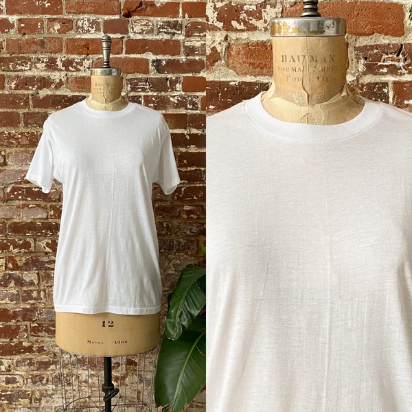 Vintage 1970s Sears Blank White Paper Thin T-Shirt - 70s Soft White Blank Tee - Single Stitch 50/50 - Men's Small Women's Medium