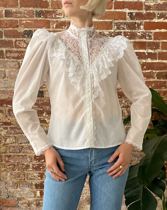 Vintage 1970s Victorian Inspired Lace Ruffle Blouse - 70s Vintage 1970s Victorian Inspired Lace Ruffle Blouse - 70s
