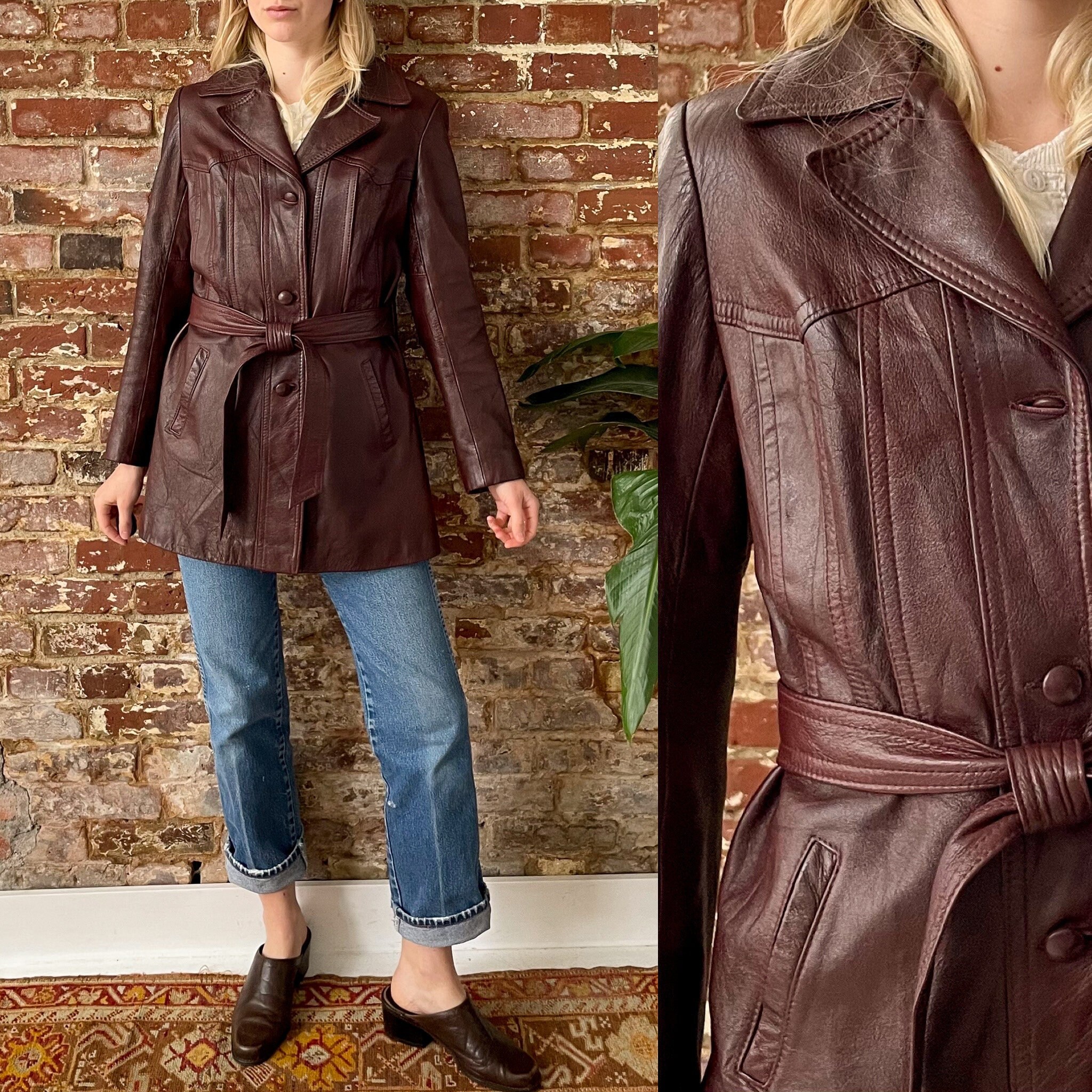 Vintage 1970s Mahogany Belted Leather Trench Coat 70s Red
