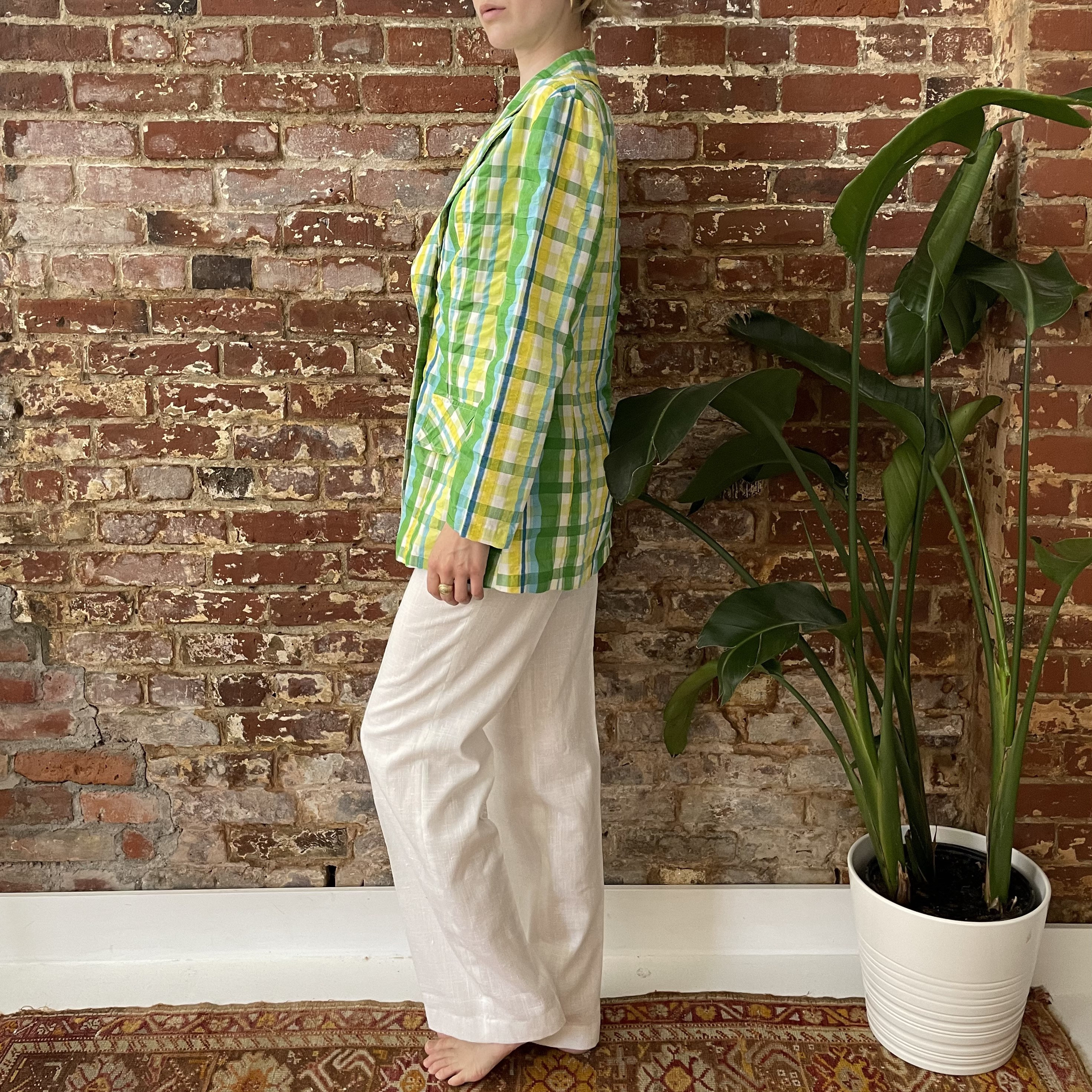 Vintage 1970s Plaid Seersucker Blazer - 70s Blue Green