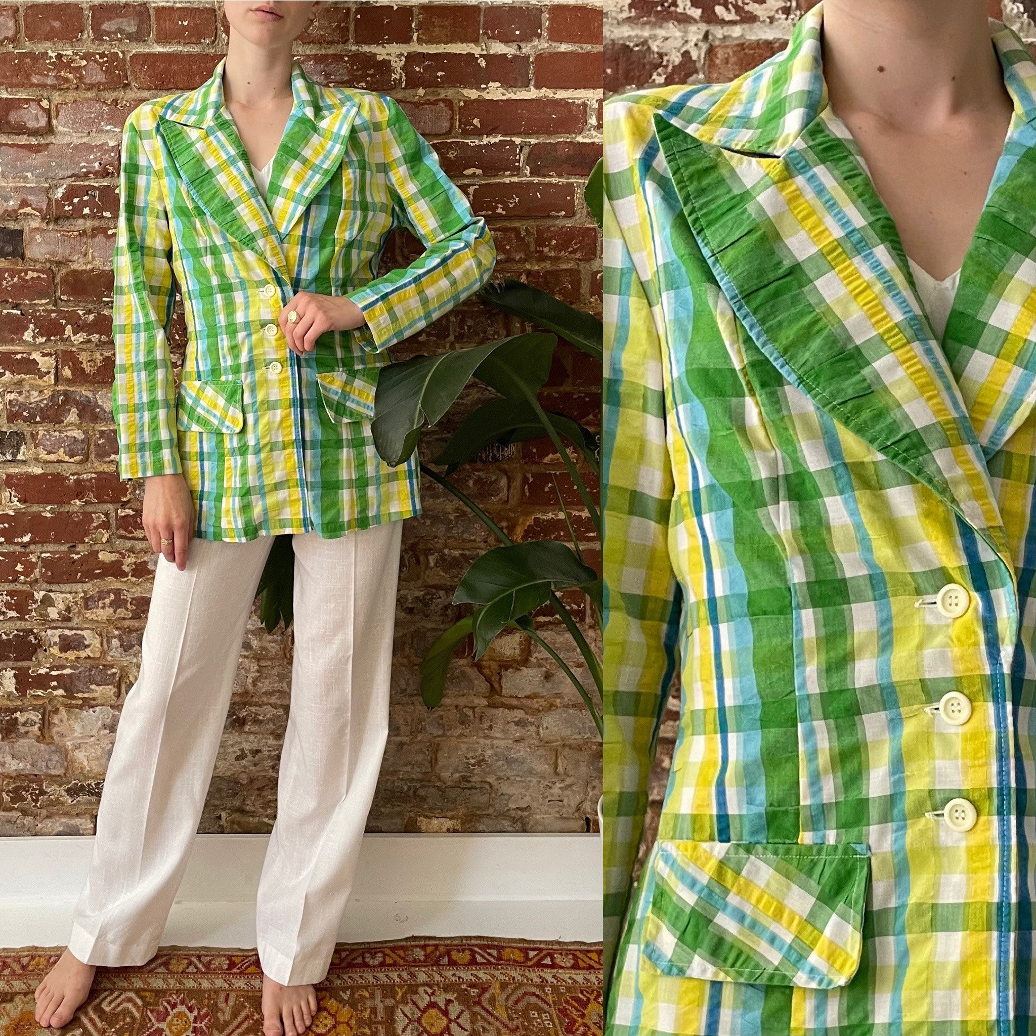 非売品 - Blazer Seersucker Plaid 1970s Vintage 70s Green Blue トップス