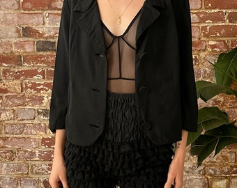 Vintage 1950s Black Crepe Rayon Cropped Jacket with Covered Buttons - Size Small