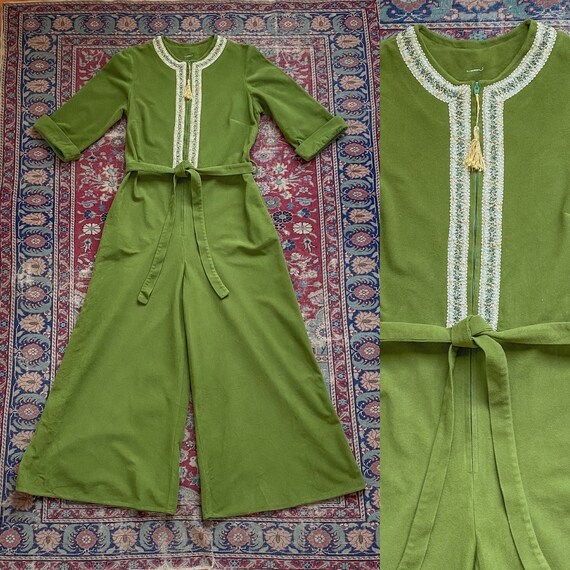 Vintage 1970s Olive Green Lurex Embroidered Jumpsu
